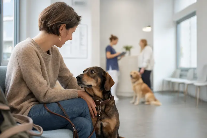 Ein Luzerner Niederlaufhund sitzt ruhig neben seinem Besitzer im hellen Wartezimmer einer modernen Tierarztpraxis.